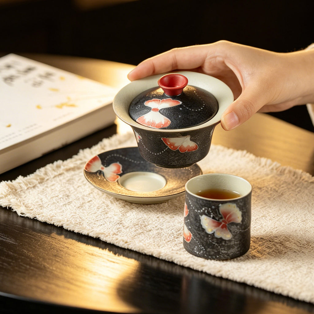 Midnight Black Zhuangzi's Butterfly Dream Horseshoe Three-Piece Gaiwan — view 3