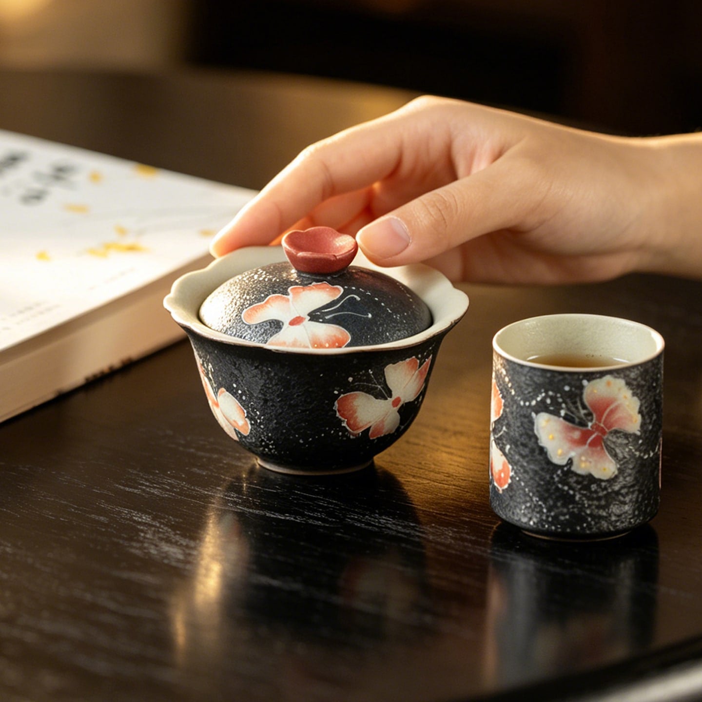 Midnight Black Zhuangzi's Butterfly Dream Lotus Flared-Rim Gaiwan — view 3