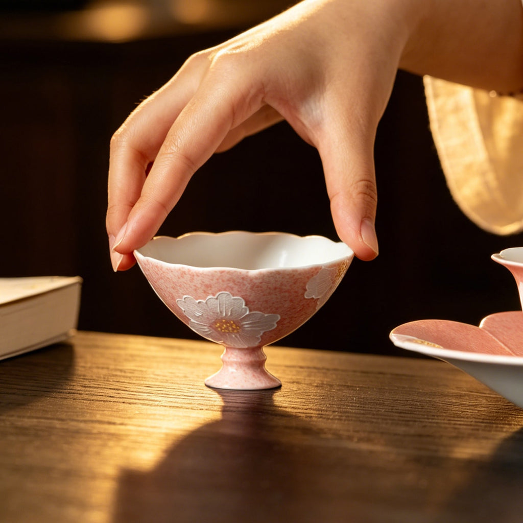 Sakura Pink White Camellia Evening Grain High-Footed Tasting Cup — view 4