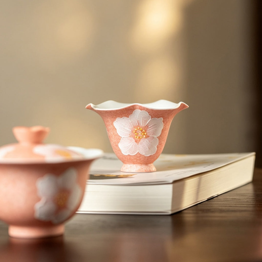 Sakura Pink White Camellia Flowing Cloud Petal-Rim Tasting Cup — view 3
