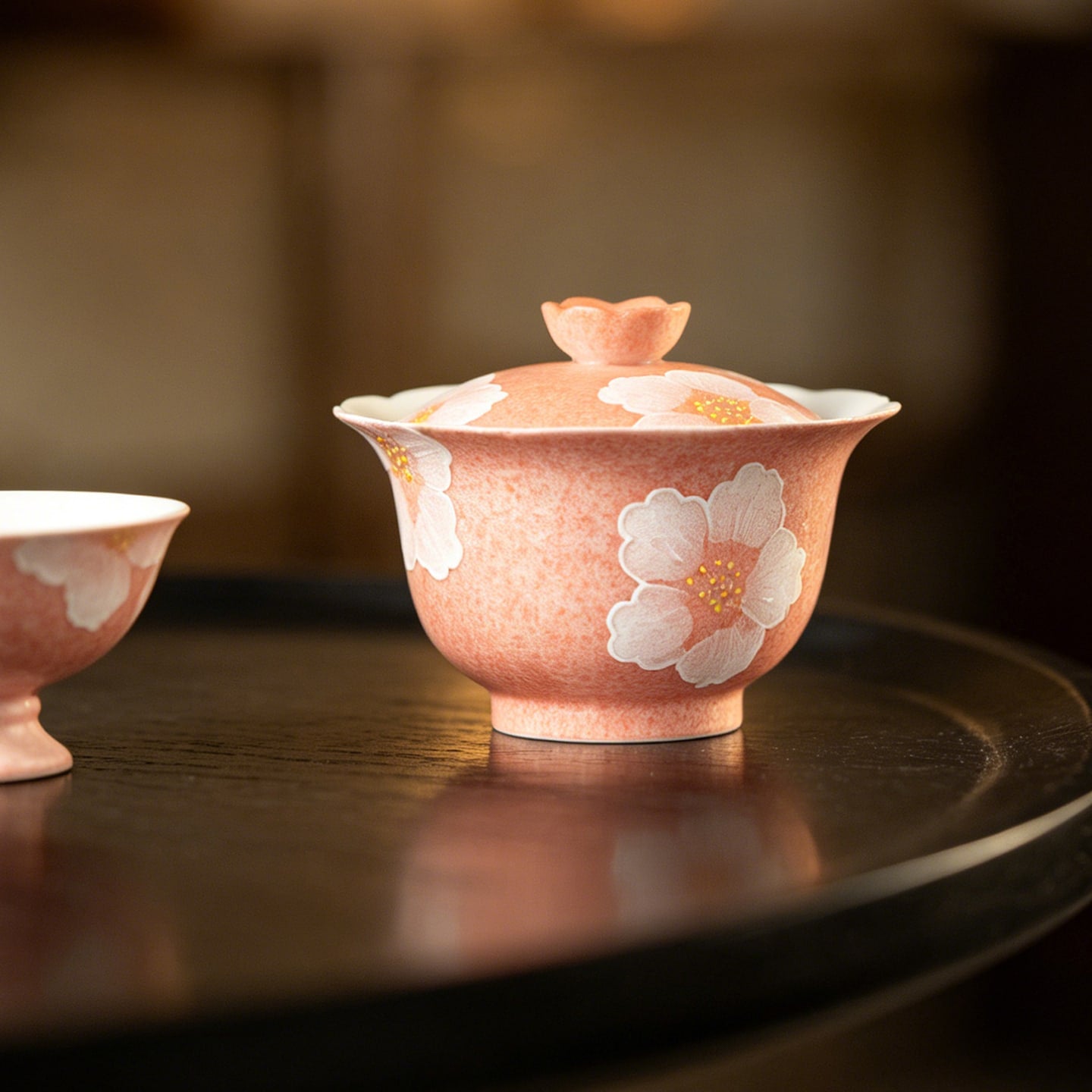 Sakura Pink White Camellia Lotus Flared-Rim Gaiwan