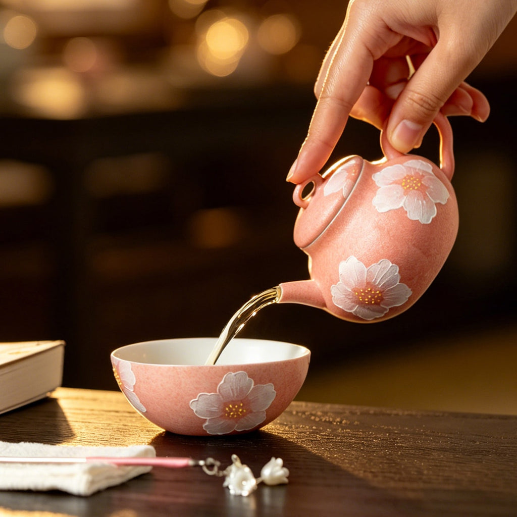 Sakura Pink White Camellia Melon-Ribbed Teapot — view 2