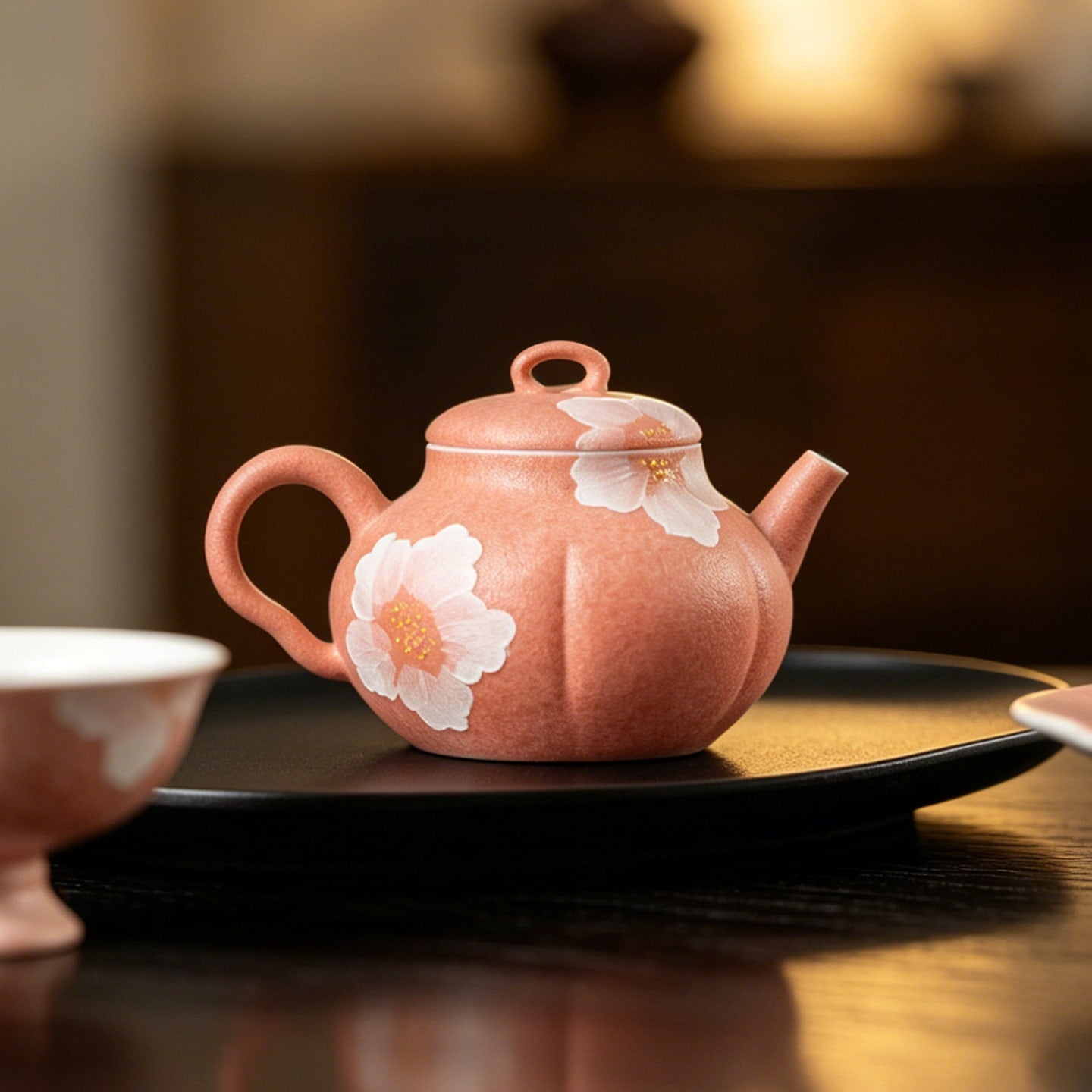 Sakura Pink White Camellia Melon-Ribbed Teapot — view 3