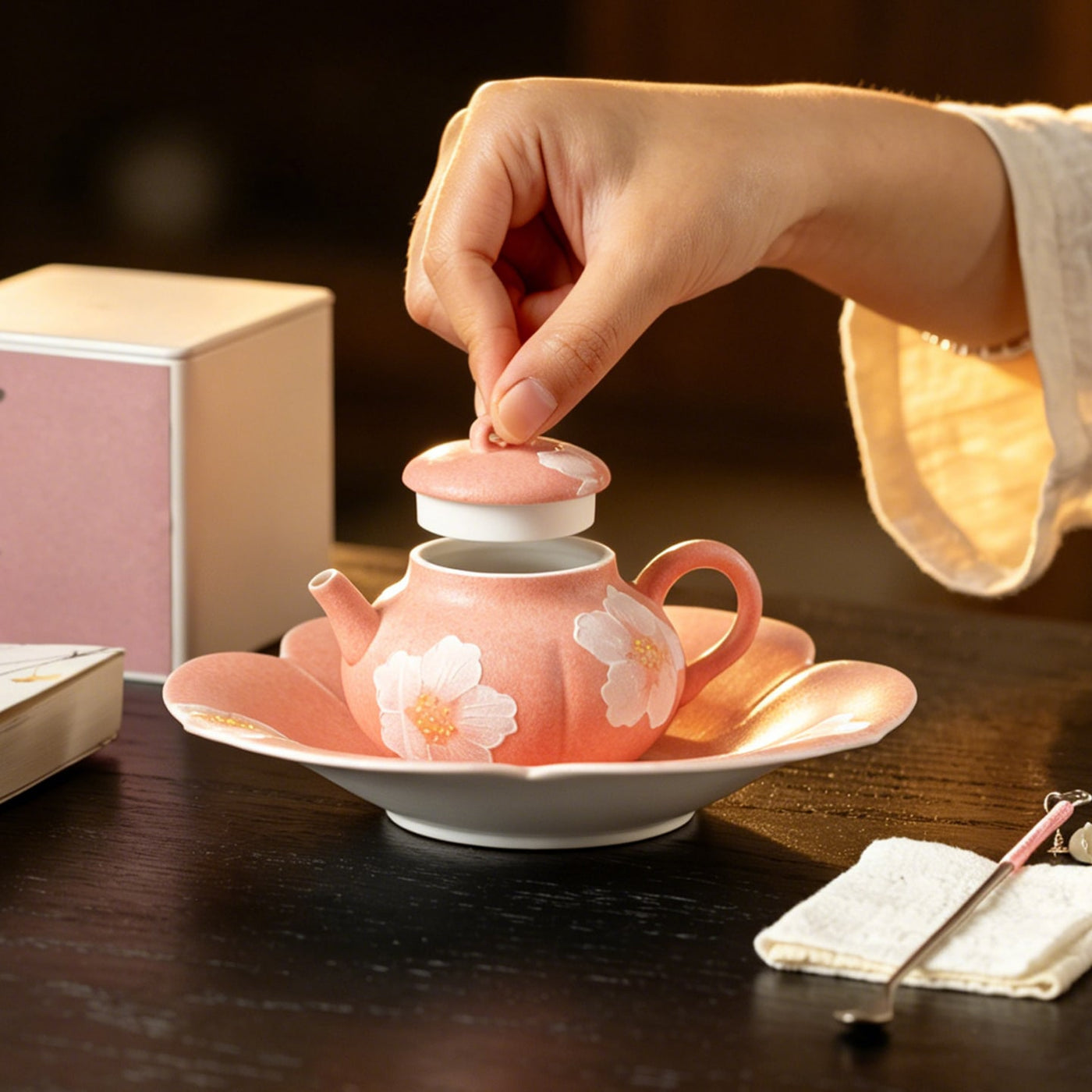 Sakura Pink White Camellia Melon-Ribbed Teapot