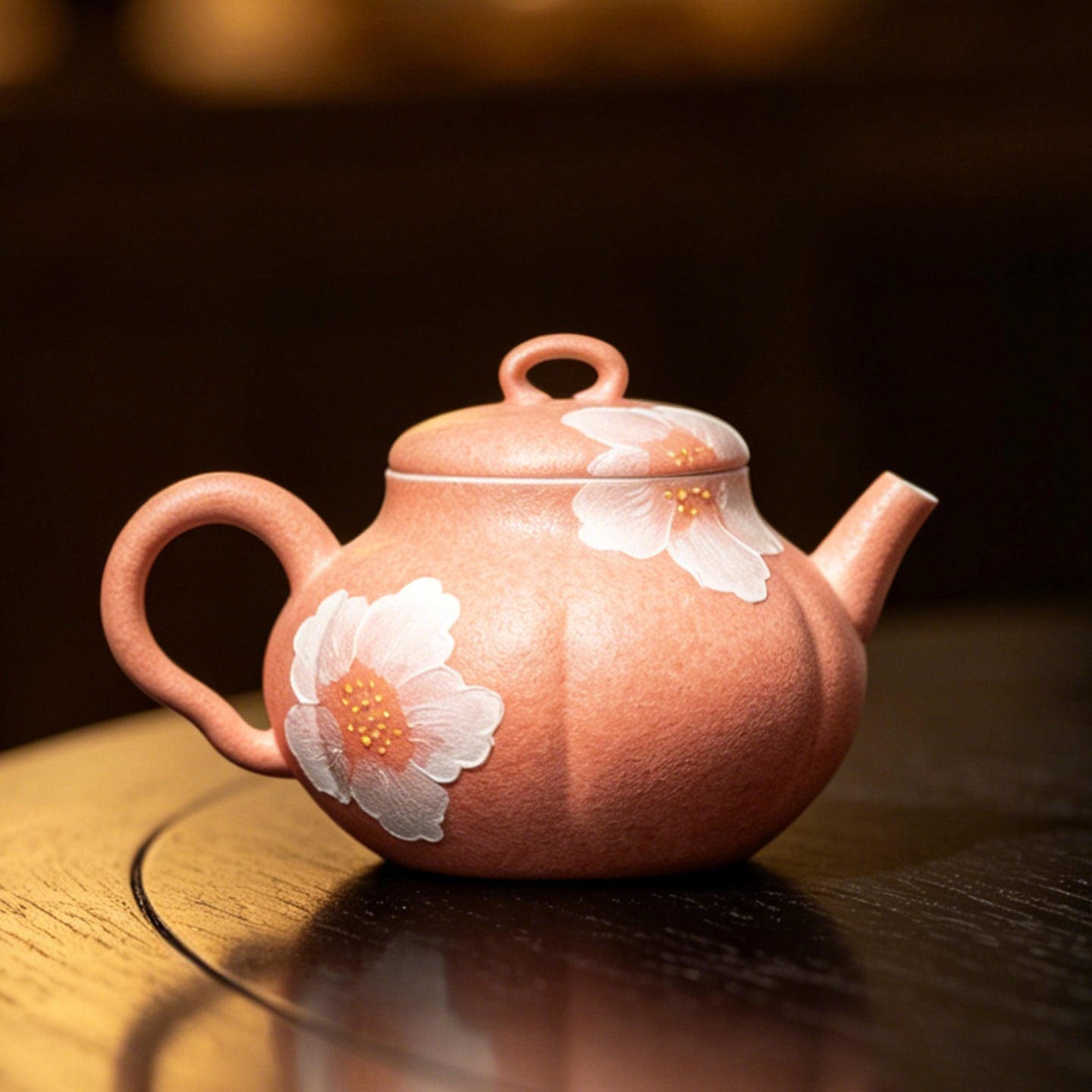 Sakura Pink White Camellia Melon-Ribbed Teapot — view 5