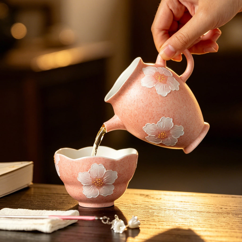 Sakura Pink White Camellia Quiet Journey Handle Fairness Pitcher — view 2