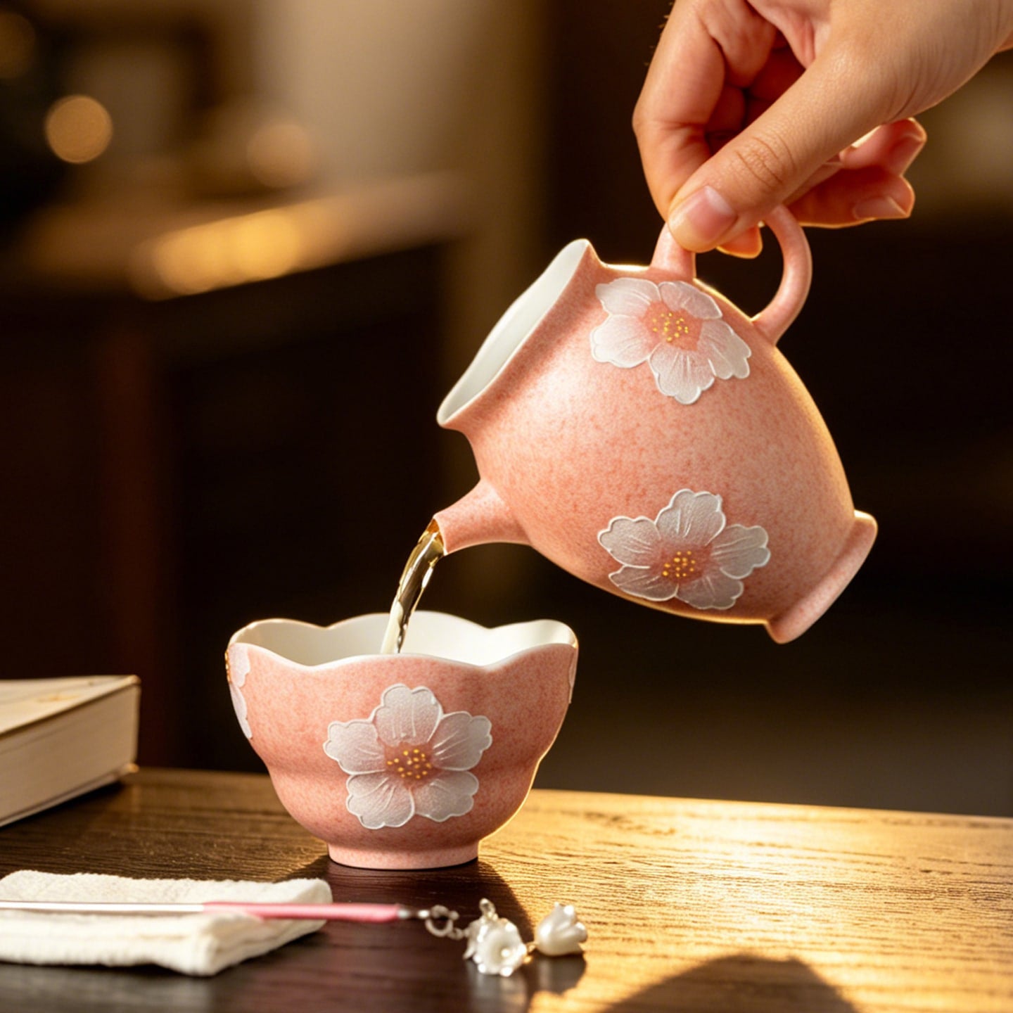 Sakura Pink White Camellia Quiet Journey Handle Fairness Pitcher — view 2
