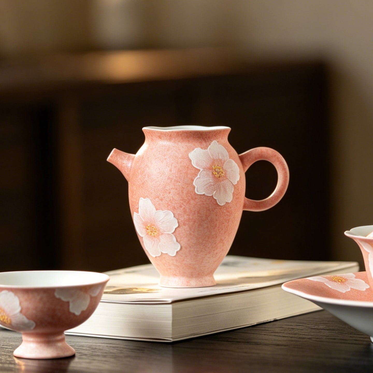 Sakura Pink White Camellia Quiet Journey Handle Fairness Pitcher