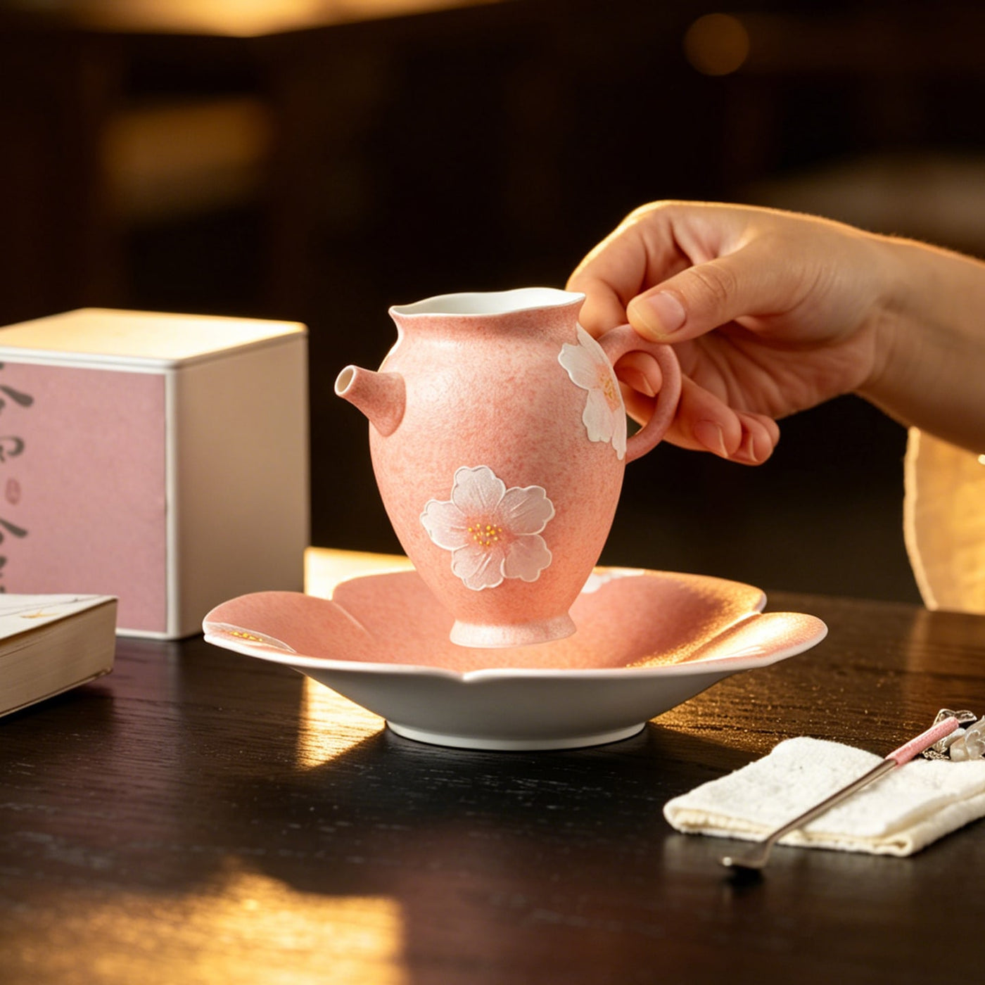 Sakura Pink White Camellia Quiet Journey Handle Fairness Pitcher