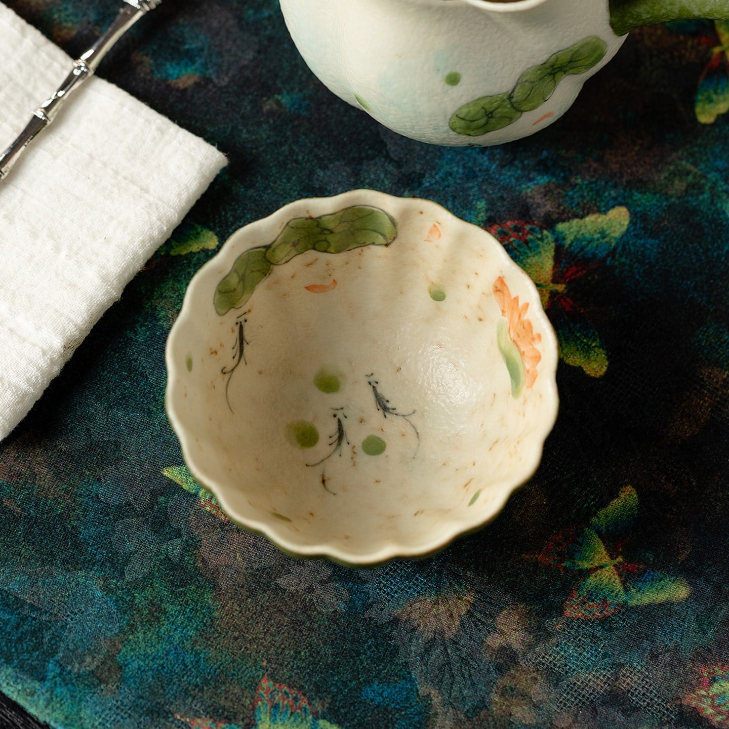 Tangerine Green Hand-Painted Lotus & Fish Chrysanthemum Tasting Cup — view 3