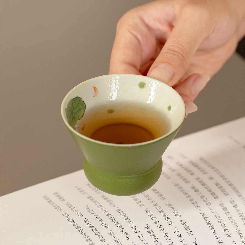 Tangerine Green Hand-Painted Lotus & Fish Clear-Sky Ear-Handle Tasting Cup — view 3