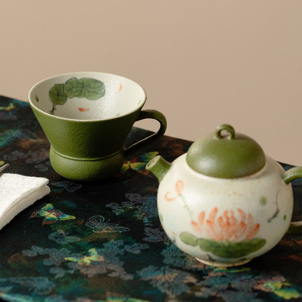 Tangerine Green Hand-Painted Lotus & Fish Clear-Sky Ear-Handle Tasting Cup — view 5