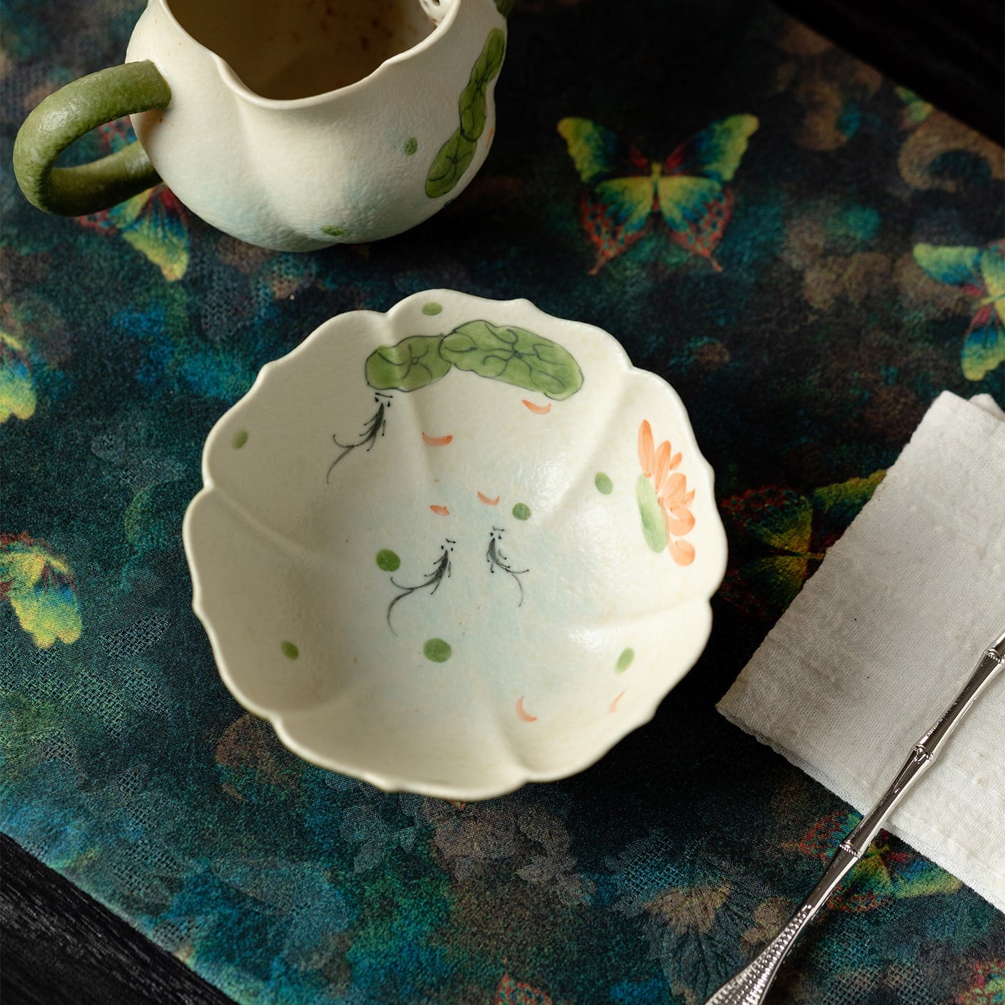 Tangerine Green Hand-Painted Lotus & Fish Faceted Wide-Rim Tasting Cup — view 3