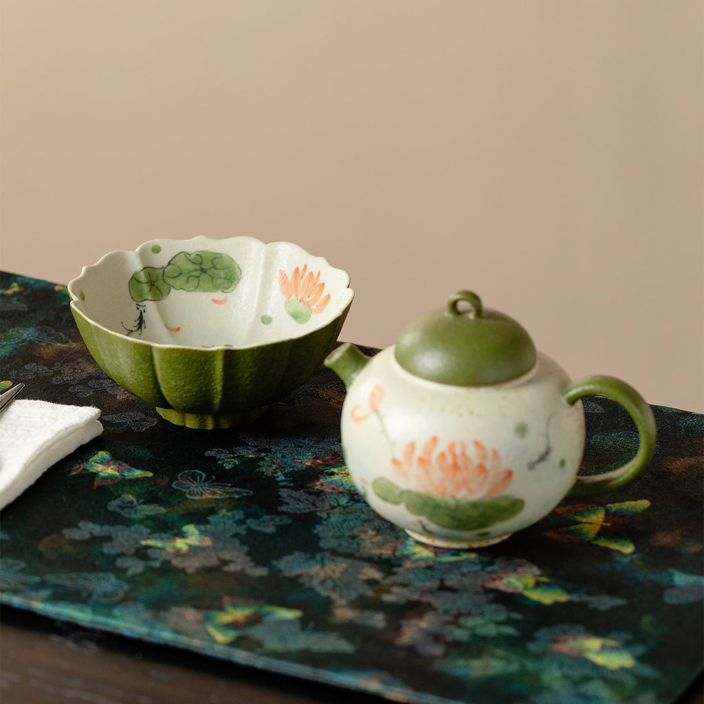 Tangerine Green Hand-Painted Lotus & Fish Faceted Wide-Rim Tasting Cup — view 5