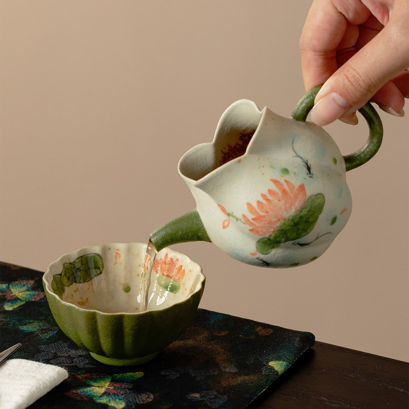 Tangerine Green Hand-Painted Lotus & Fish Petal Fairness Pitcher