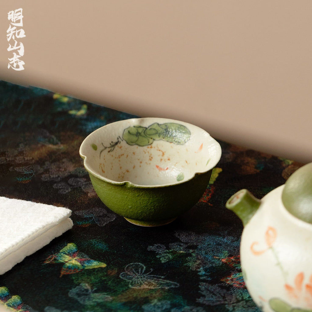 Tangerine Green Hand-Painted Lotus & Fish Petal-Rim Tasting Cup — view 2