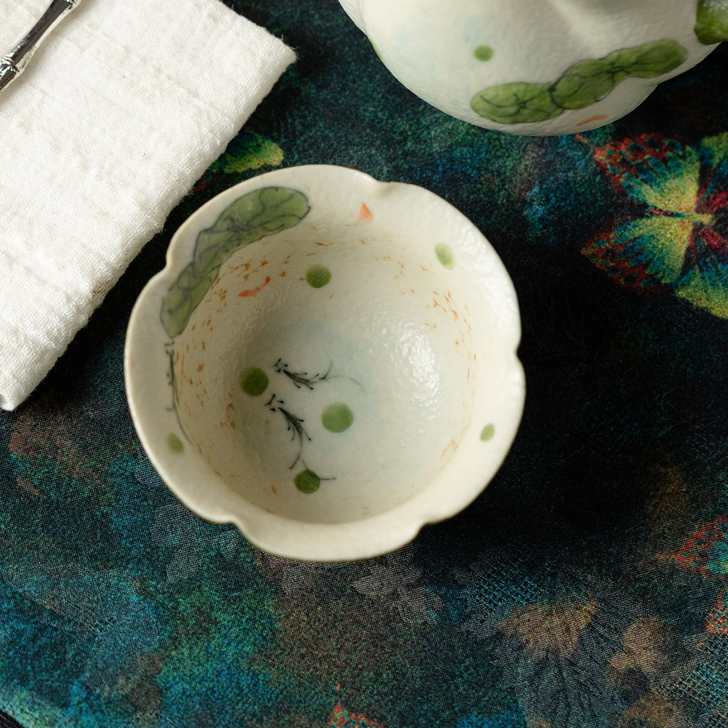 Tangerine Green Hand-Painted Lotus & Fish Petal-Rim Tasting Cup — view 3