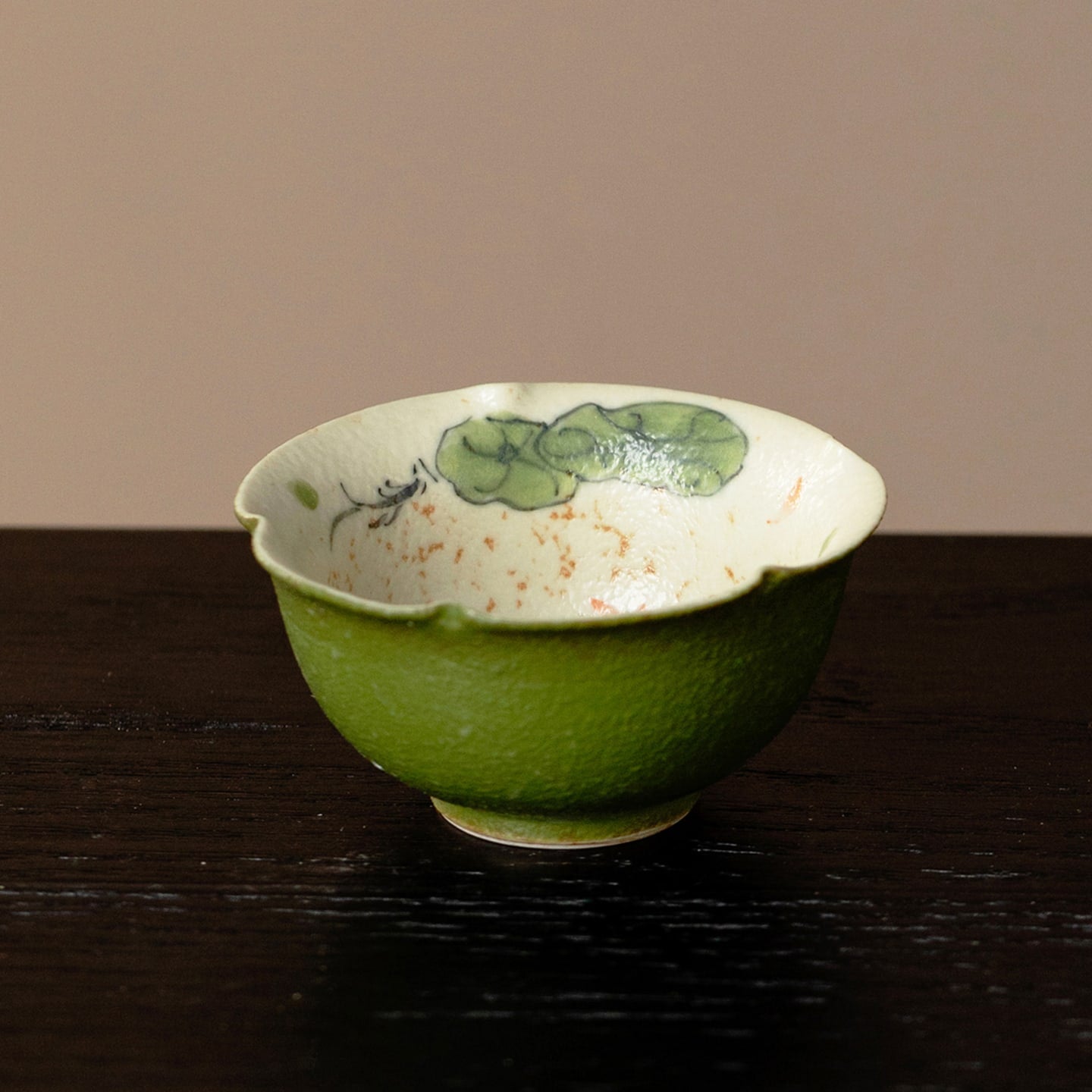 Tangerine Green Hand-Painted Lotus & Fish Petal-Rim Tasting Cup — view 4