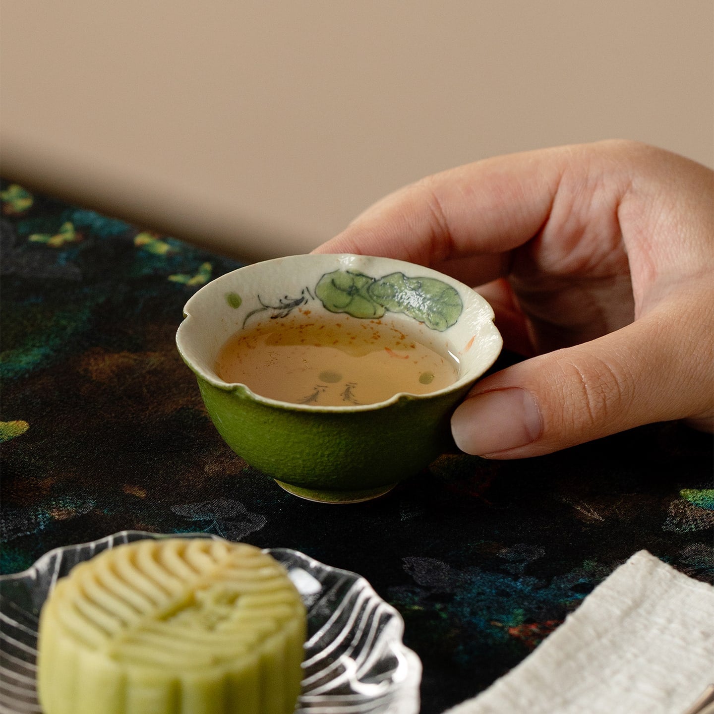 Tangerine Green Hand-Painted Lotus & Fish Petal-Rim Tasting Cup — view 5