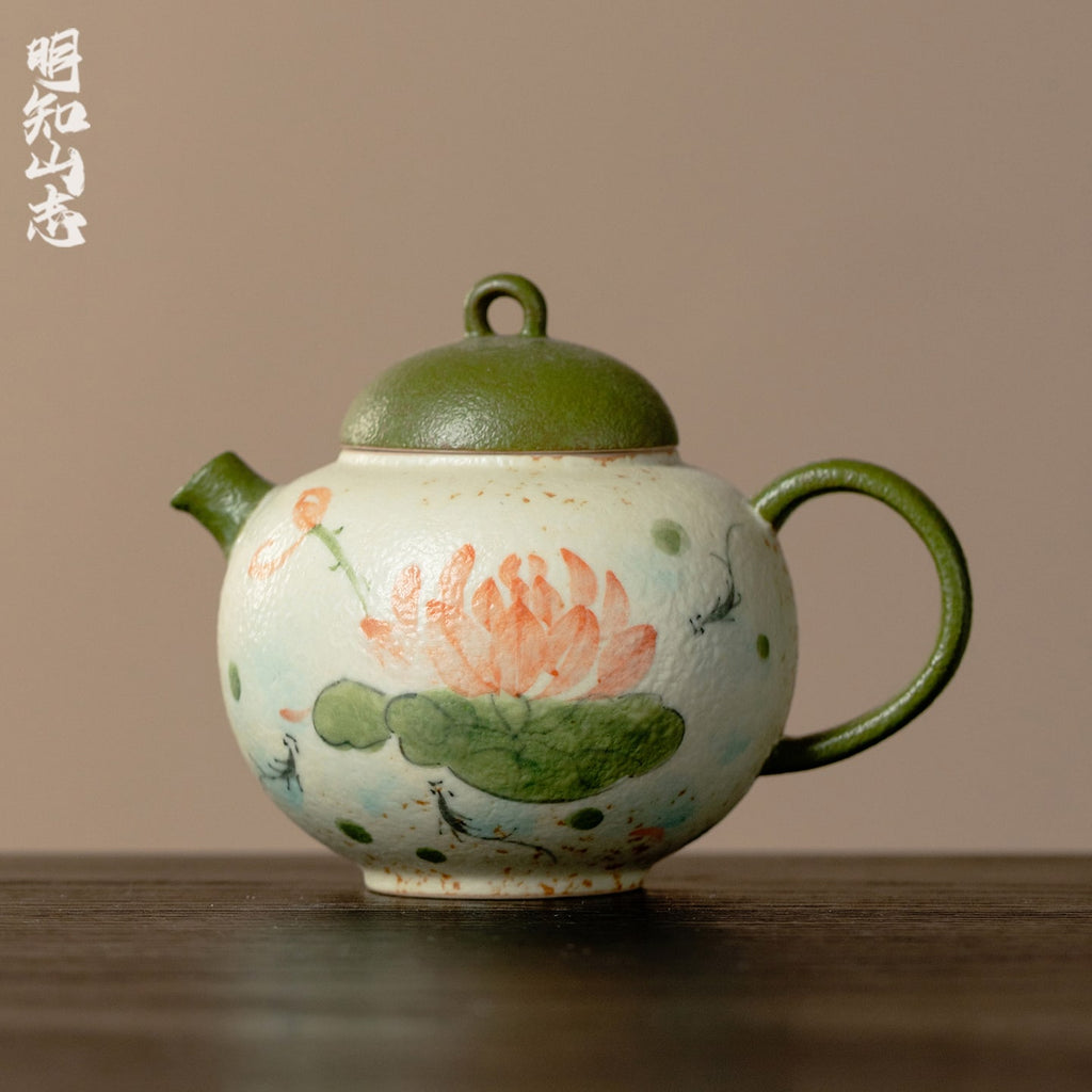 Tangerine Green Hand-Painted Lotus & Fish Round-Belly Teapot — view 2