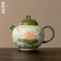 Tangerine Green Hand-Painted Lotus & Fish Round-Belly Teapot — view 2