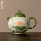 Tangerine Green Hand-Painted Lotus & Fish Round-Belly Teapot — view 2