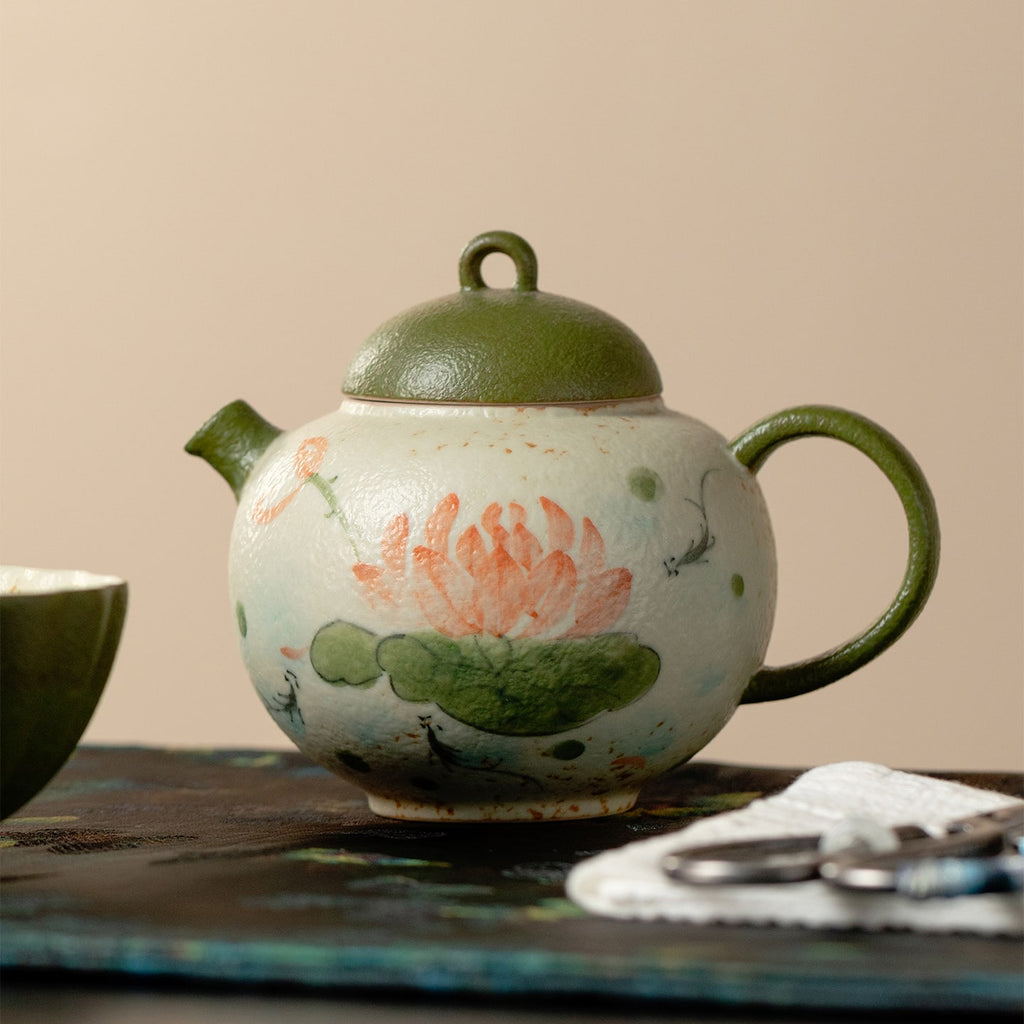 Tangerine Green Hand-Painted Lotus & Fish Round-Belly Teapot — view 3