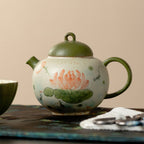 Tangerine Green Hand-Painted Lotus & Fish Round-Belly Teapot — view 3