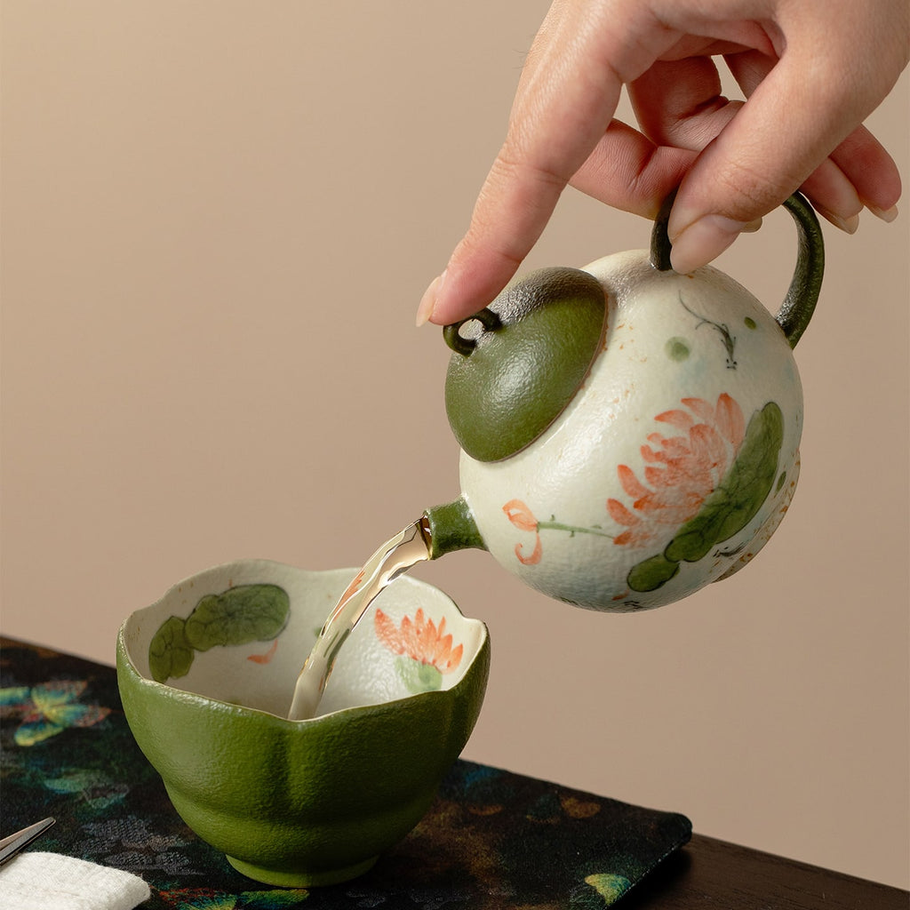 Tangerine Green Hand-Painted Lotus & Fish Round-Belly Teapot — view 4
