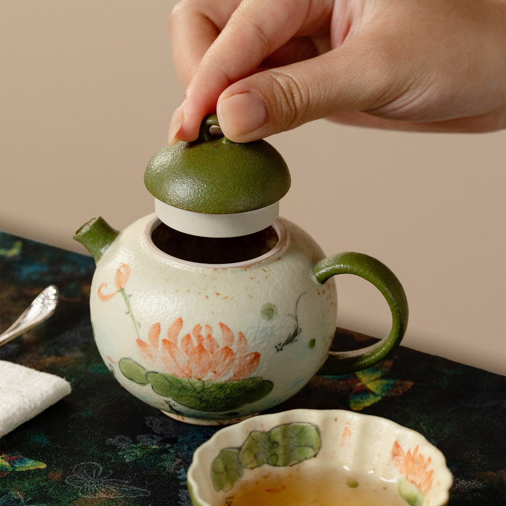 Tangerine Green Hand-Painted Lotus & Fish Round-Belly Teapot — view 5