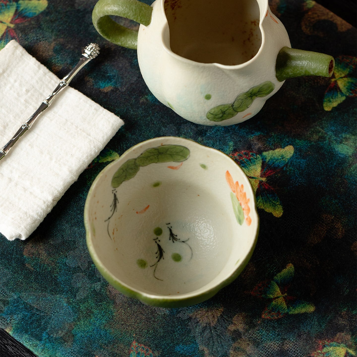 Tangerine Green Hand-Painted Lotus & Fish Withered Lotus Tasting Cup — view 3
