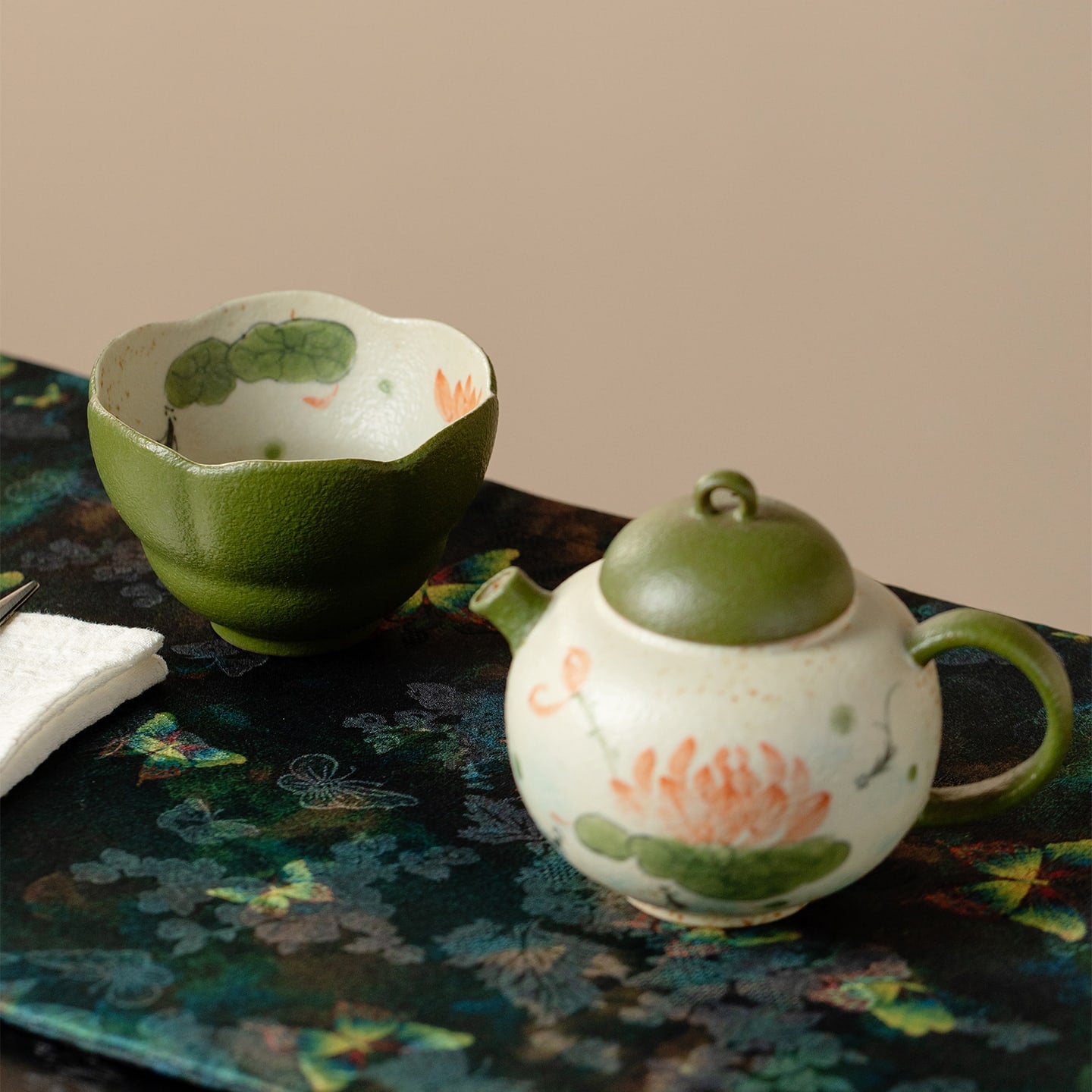 Tangerine Green Hand-Painted Lotus & Fish Withered Lotus Tasting Cup — view 5