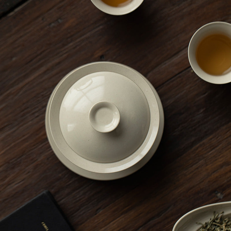 Top view of the Wood Ash Four-Sunset Gaiwan lid and rim